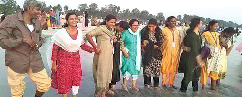 The inmates and staff of Nooranad Leprosy Sanatorium enjoying thier vacation at the Azheekal beach on Sunday