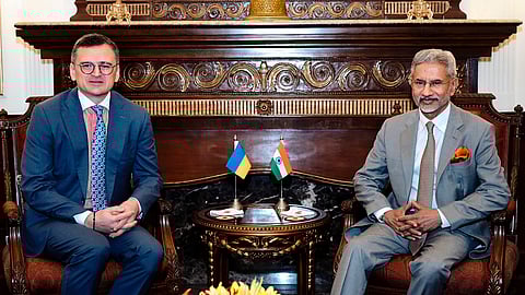 External Affairs Minister S Jaishankar with Ukraine Prime Minister Dmytro Kuleba during a meeting, in, New Delhi