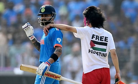 A pro-Palestinian protester broke through security cordons to invade the pitch at the Cricket World Cup final in Nov 2023, stopping play briefly while he hugged Virat Kohli.