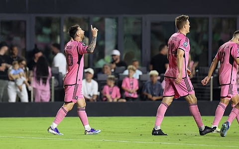 Inter Miami's Argentine forward Lionel Messi celebrates his goal during the round of 16 of the CONCACAF Champions Cup football match between Inter Miami CF and Nashville SC on March 13, 2024.