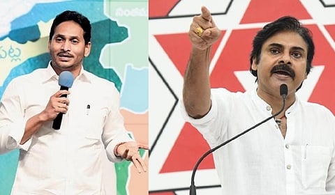 YRRC chief YS Jagan Mohan Reddy (L) and Jana Sena Party chief Pawan Kalyan
