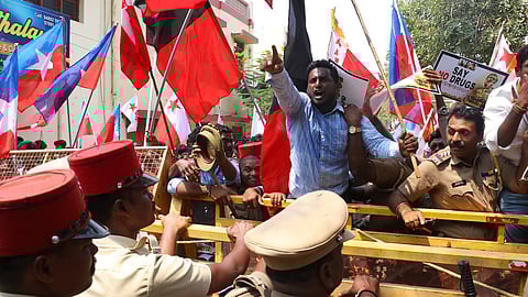 India Alliance Puducherry and various Students organisation staged a protest near legislative assembly in Puducherry on Saturday for justice for 9 year old child murdered.