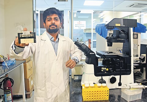 File picture of personalised cancer
drug screening with ‘organ on a chip technology’ been developed by Ikram Khan, CEO and Director, ISMO Biophotonics , IIT STARTUP at IIT Research Park in Taramani | Express