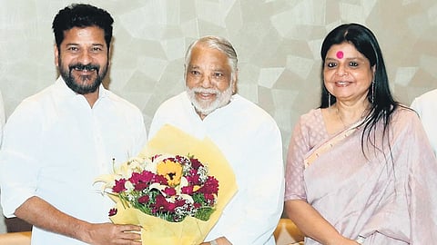 BRS Rajya Sabha member K Keshava Rao meets CM A Revanth Reddy while Telangana Congress in-charge Deepa Dasmunshi looks on in Hyderabad on Friday