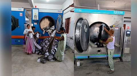 Workers put garments into washing machines at a jeans manufacturing unit in Ballari.