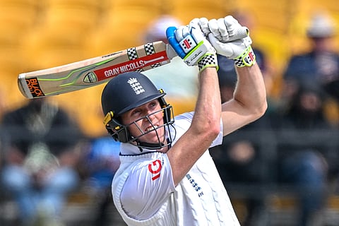 England's Zak Crawley watches the ball after playing a shot during the first day of the fifth and last Test cricket match between India and England on March 7, 2024.