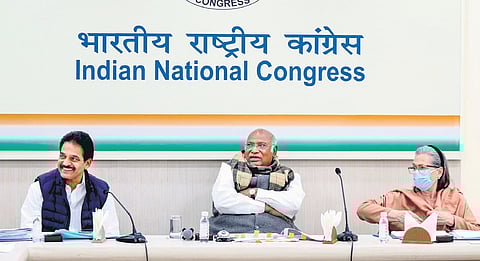 Congress president Mallikarjun Kharge with party leaders Sonia Gandhi and KC Venugopal during the CEC meeting at the AICC headquarters on Thursday.