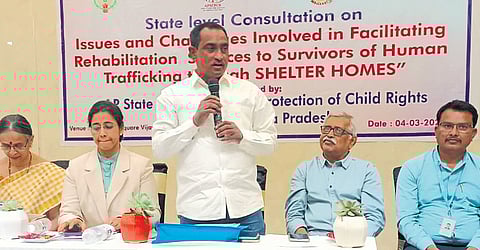 APSCPCR Chairman Kesali Appa Rao speaking at the one-day state-level workshop on CBR organised in Vijayawada on Monday | Express