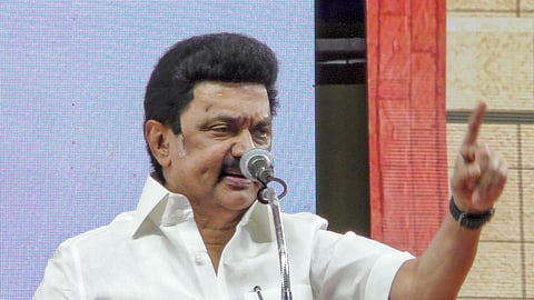 DMK President and Tamil Nadu Chief Minister M K Stalin addresses an election campaign rally in Trichy, Friday, March 22, 2024.