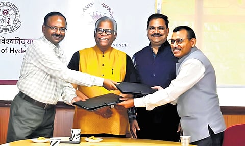 (From left) Dr Devesh Nigam, Registrar of UoH; Prof BJ Rao, Vice-Chancellor of UoH; Dilip Kumar Mohanty, Director (Production) at NMDC; and SK Jain, Chief General Manager, NMDC R&D Centre, during the MoU signing event in Hyderabad