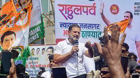 Congress leader Rahul Gandhi addresses supporters during the Bharat Jodo Nyay Yatra, in Thane.