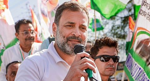Congress leader Rahul Gandhi addresses supporters during the Bharat Jodo Nyay Yatra, in Shajapur, Madhya Pradesh, Tuesday, March 5, 2024.