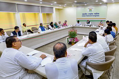 Congress President Mallikarjun Kharge with Sonia Gandhi and KC Venugopal during the Central Election Committee meeting on Madhya Pradesh, at AICC Hq in New Delhi, Thursday, March 21, 2024.