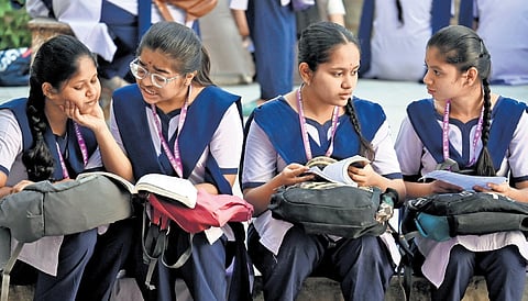 Second PU students busy in last-minute revision before the first board paper
on Friday, March 1, 2024.