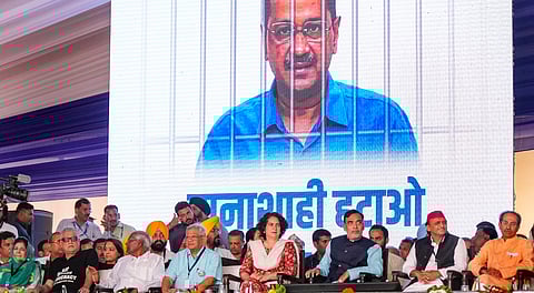 Opposition leaders during I.N.D.I.A. bloc's 'Loktantra Bachao Rally' at Ramleela Maidan, in New Delhi, Sunday, March 31, 2024.