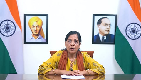 Sunita Kejriwal, wife of Delhi Chief Minister and AAP Convenor Arvind Kejriwal, delivers his message via a video conference.