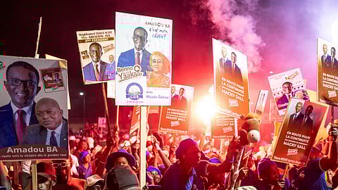 Supporters of Presidential candidate Amadou Ba gather for the last rally of the campaign in Dakar, Senegal.
