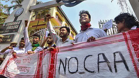 College students protest against CAA a day after the Ministry of Home Affairs notified the rules for implementation of the Citizenship (Amendment) Act, in Guwahati.