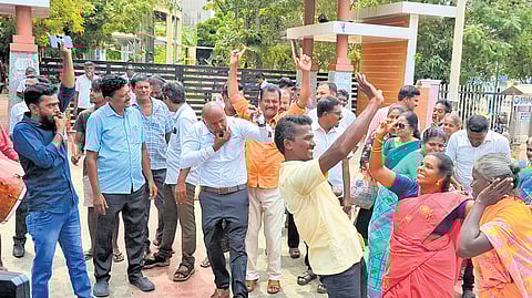 Anti-Sterlite activists and members of public celebrate the Supreme Court’s decision in front of Rajaji Park in Thoothukudi