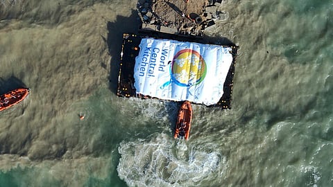 Humanitarian aid transported from a ship from the World Central Kitchen (WCK) organization, led by the United Arab Emirates, arrives in the Gaza Strip’s maritime space