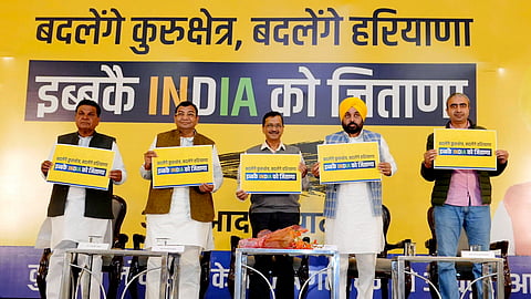 AAP's National Convenor Arvind Kejriwal with Punjab CM Bhagwant Mann, party leader Sushil Gupta and others during the launch of the party's campaign for Lok Sabha polls, in Kurukshetra