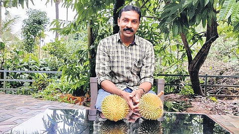 Mananthavady ASI Saji K V with the exotic fruits harvested from his farm