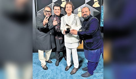 (From left) Shankar Mahadevan, Ganesh Rajagopalan, Zakir Hussain and V Selvaganesh post their Grammy win in Feb ’24