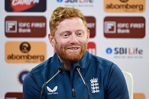England’s Jonny Bairstow attends a press conference in Dharamsala on Tuesday. The veteran batter will be playing his 100th Test (Photo | AFP)
