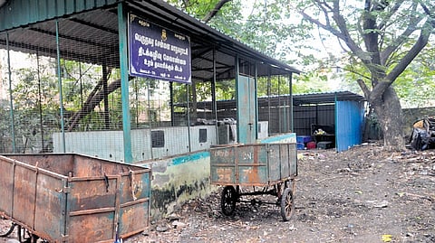 A garbage collection point is functioning on the premises of the anganwadi centre in Arunthathiyar Nagar