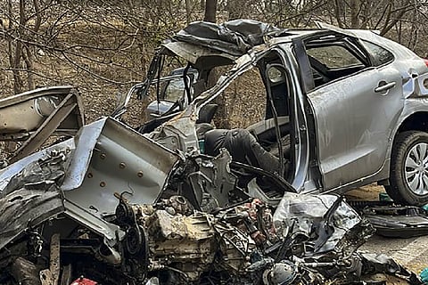 Wreckage of a car after a collision with a Haryana Roadways bus, in Rewari district, Wednesday, March 6, 2024. At least five people were killed in the accident, according to officials.