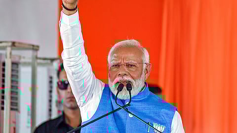 Prime Minister Narendra Modi addresses during a public meeting ahead of Lok Sabha elections.