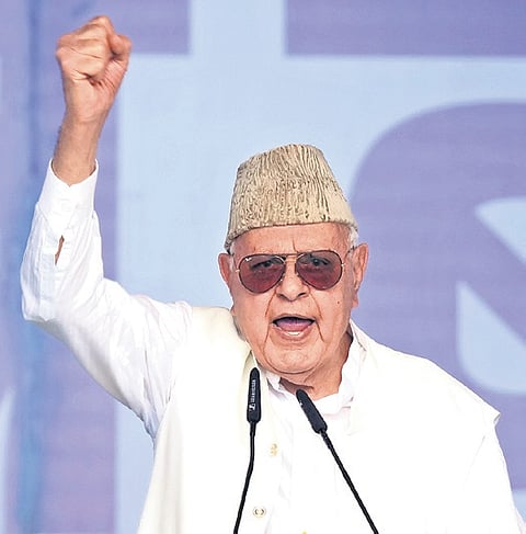 J&K NC chief Farooq Abdullah at INDIA’s Loktantra Bachao rally in Delhi.