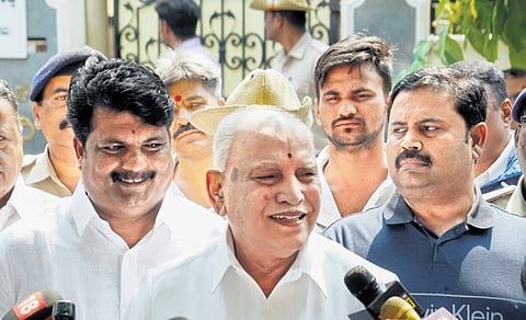 Former chief minister BS Yediyurappa holds a press conference outside his residence in Bengaluru on Friday