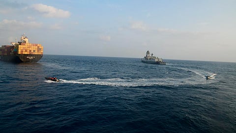 Indian Navy vessel INS Kolkata responding to a fire on Liberian-flagged Merchant ship MSC Sky II caused due to a suspected drone/missile attack in the Gulf of Aden.