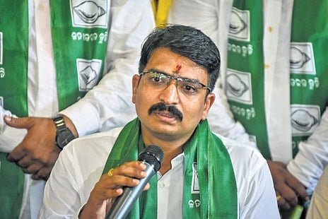 Manmath Routray speaks at Sankha Bhawan after joining BJD in Bhubaneswar on Wednesday