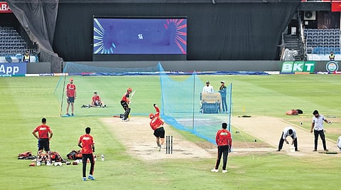 The Sunrisers
Hyderabad team trains at the Uppal stadium in the city on Thursday