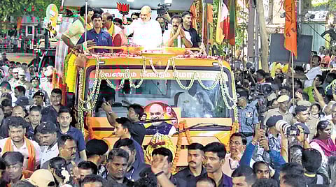 Union Home Minister Amit Shah taking out a road show in Madurai