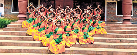 Mohiniyattam students in front of the Kunchan Nambiar Smarakam in Palakkad
