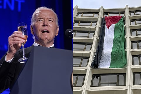 Joe Biden makes a toast to a free press at the White House Correspondents' Association Dinner at at the Washington Hilton (L) A Palestinian flag hangs on the side of the Washington Hilton .