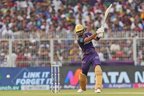 Kolkata Knight Riders' captain Shreyas Iyer bats during the Indian Premier League cricket match between Kolkata Knight Riders and Royal Challengers Bengaluru in Kolkata, India, Sunday, April 21, 2024.