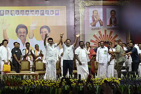 MK Stalin and Rahul Gandhi at an election rally in Coimbatore, Tamil Nadu on Friday, April 12, 2024.