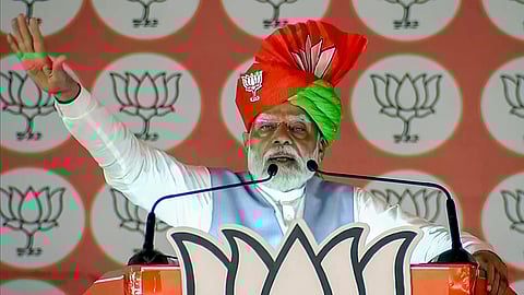 Prime Minister Narendra Modi addresses a public meeting for the third phase of the Lok Sabha elections, in Satara on Monday.