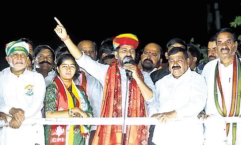 Chief Minister A Revanth Reddy gestures while speaking during a roadshow in LB Nagar, Hyderabad, on Sunday