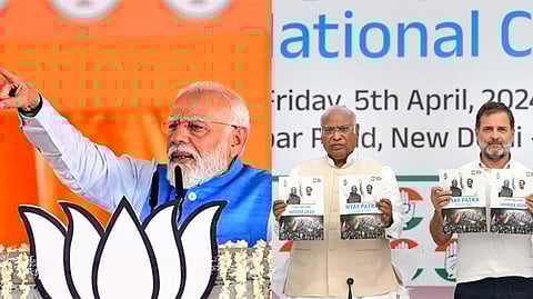 Prime Minsiter Narendra Modi (L), Congress chief Mallikarjun Kharge, Rahul Gandhi releases party manifesto (R)