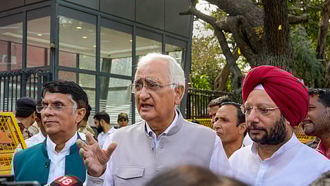 Congress leaders Salman Khurshid, Pawan Khera and other speaks to the media after a meeting with ECI ahead of Lok Sabha polls, at Nirvachan Sadan in New Delhi, Tuesday, April 2, 2024.