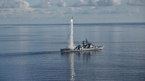 The BrahMos supersonic cruise missile being test-fired from a warship in the Bay of Bengal.