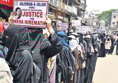 Muslim women hold a protest against the murder of Neha Hiremath in Dharwad on Monday
