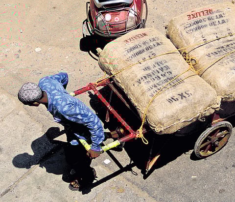 A labourer pulls a sack-laden cart in the scorching heat, on the eve of May Day (International Labour Day), in Bengaluru on Tuesday.