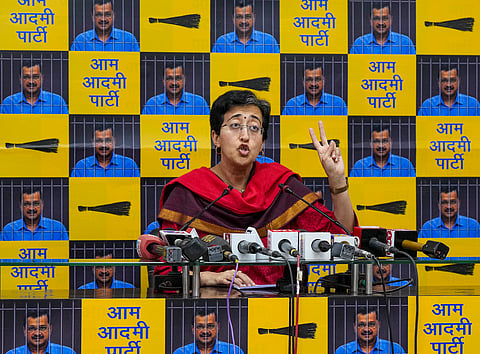 AAP leader Atishi Singh addresses a press conference at the party office, in New Delhi, Saturday, April 6, 2024.