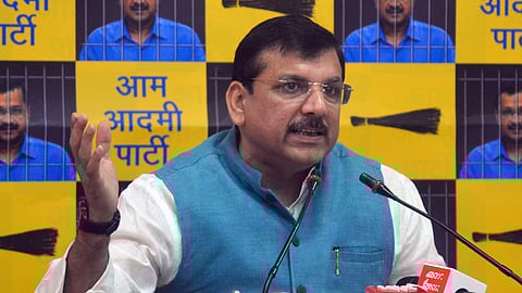 Aam Aadmi Party MP Sanjay Singh addresses a press conference, at the party headquarters, in New Delhi.